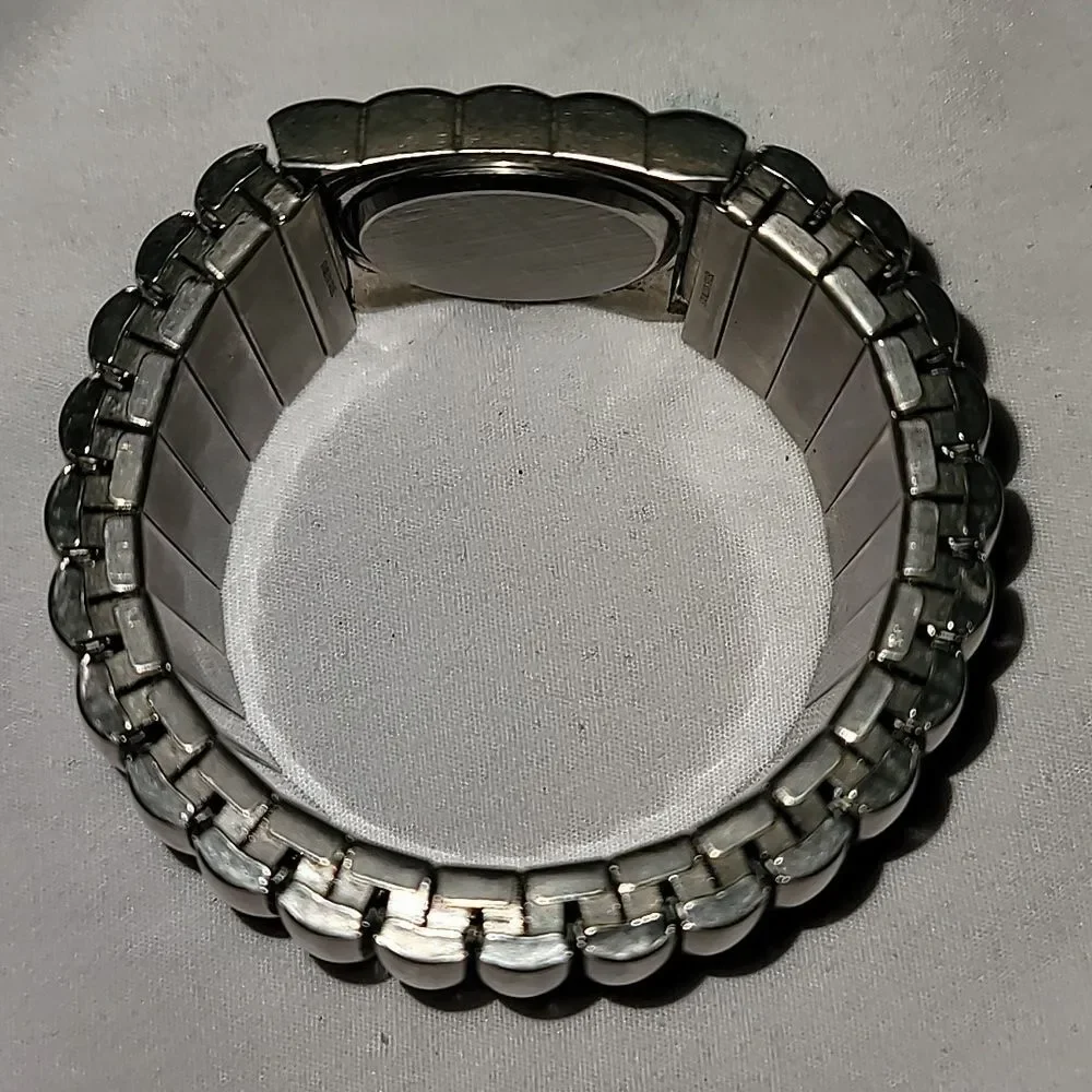 Lucida‎ Industrial Thick Silver Metal Watch Expandable Band White Abalone Face